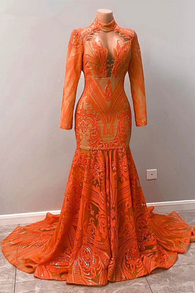 Charming Orange High Neck Long Sleeve Floor-length Mermaid Prom Dresses