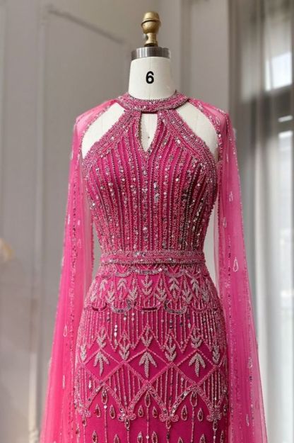 Gorgeous Halter Shiny Beading Sequins Mermaid Evening Dresses with Tulle Shawl Dubai Wedding Party Dress-Babyonlinewholesale