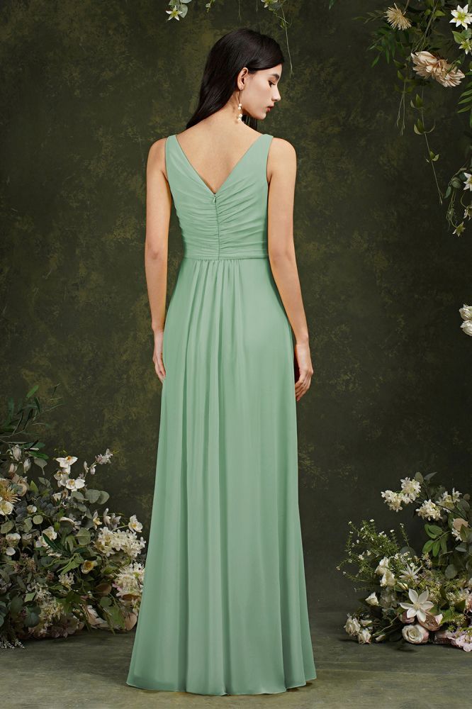Bateau Ruffles Chiffon Floor-length A-Line Split Bridesmaid Dress With Pockets