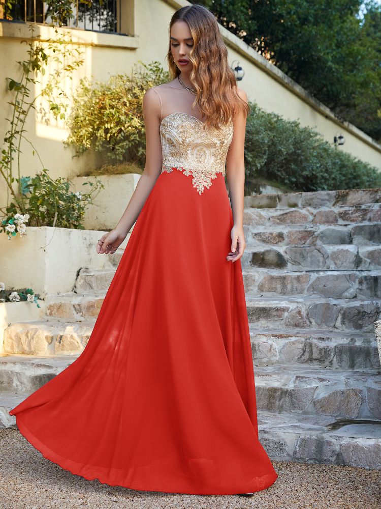 Sleeveless Lace Appliques Long Prom Dresses Chiffon Evening Party Gown