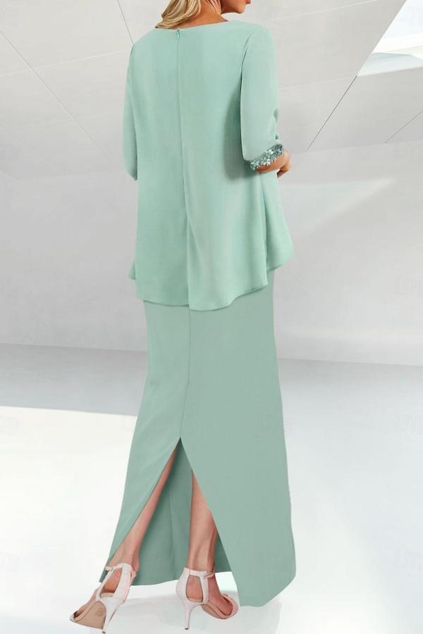 Trendy Two-Piece Ankle-Length Scoop Neck Half Sleeves Chiffon Column Mother Of Bride Dresses