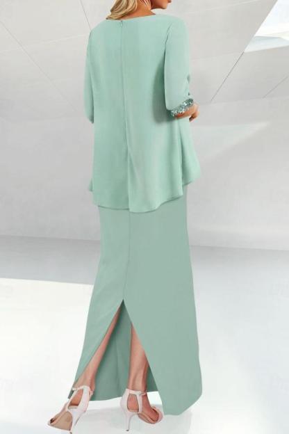 Trendy Two-Piece Ankle-Length Scoop Neck Half Sleeves Chiffon Column Mother Of Bride Dresses