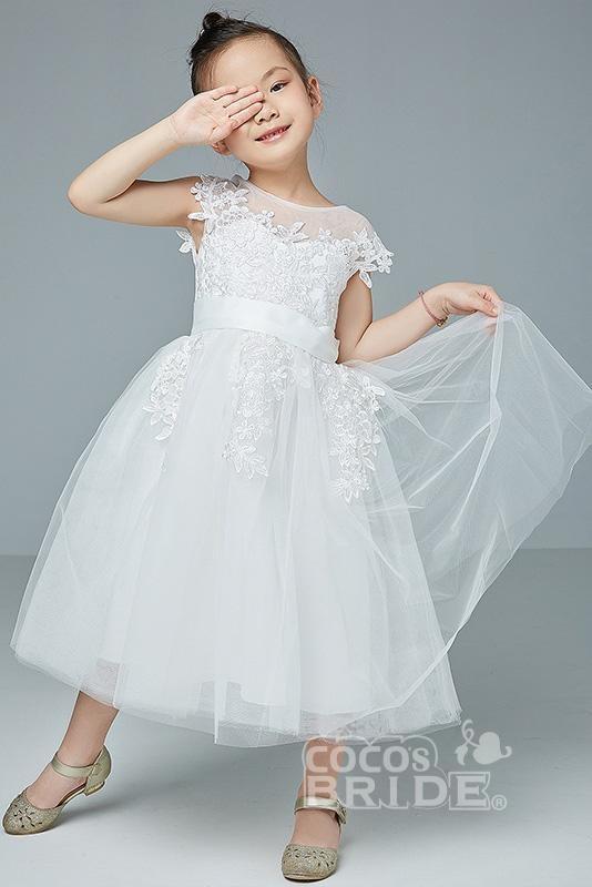 Cute White Sleeveless Tulle Flower Girl Dress Lace Appliques Little Girl Dress