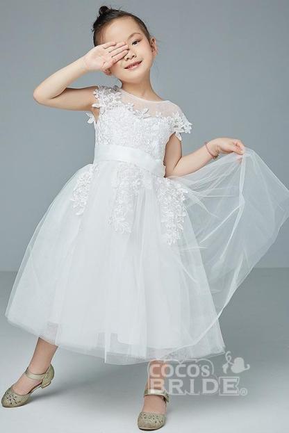 Cute White Sleeveless Tulle Flower Girl Dress Lace Appliques Little Girl Dress
