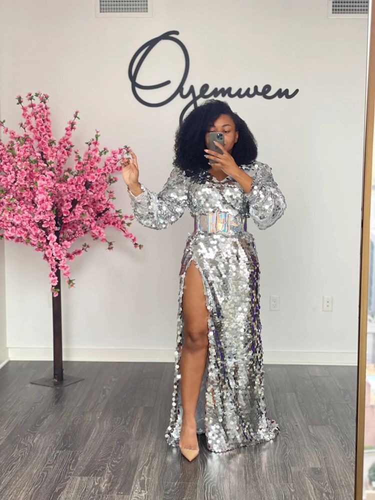 Sexy Sequined High Split Long Party Dresses Full Sleeves Sparkle Prom Gowns Vestidos