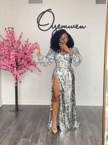 Sexy Sequined High Split Long Party Dresses Full Sleeves Sparkle Prom Gowns Vestidos