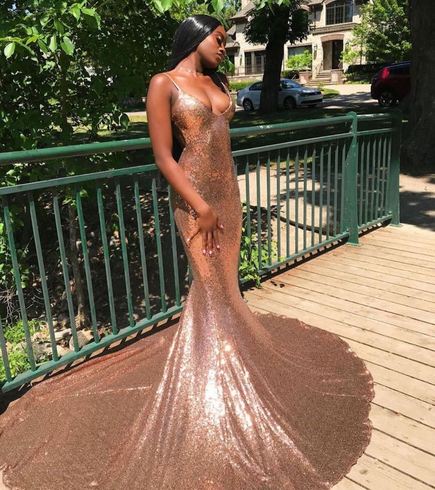 Sexy Spaghetti Sequins Mermaid Prom Dress Sparkly V-Neck evening Wear