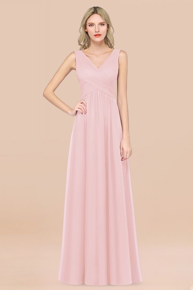 Chiffon A-Line Straps V-Neck Sleeveless Long Bridesmaid Dress with Ruffles