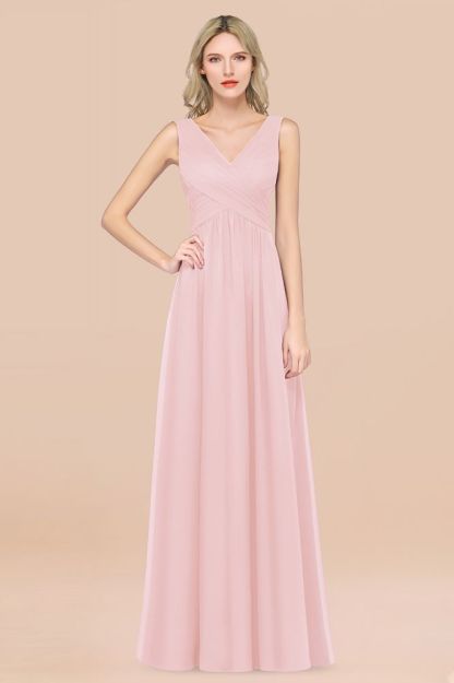Chiffon A-Line Straps V-Neck Sleeveless Long Bridesmaid Dress with Ruffles