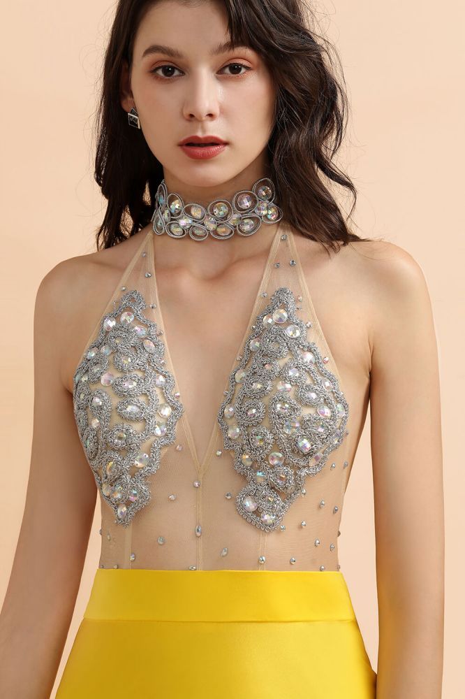 Sexy Yellow Sleeveless Crystals Sheer Tulle Prom Dresses 2021 | Mermaid Formal Evening Gowns