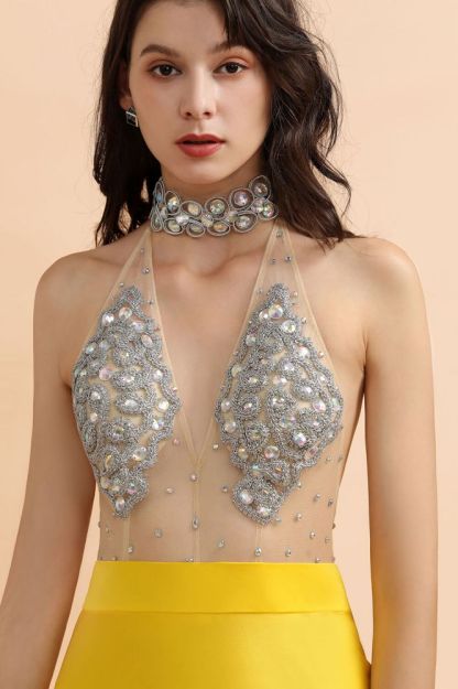 Sexy Yellow Sleeveless Crystals Sheer Tulle Prom Dresses 2021 | Mermaid Formal Evening Gowns