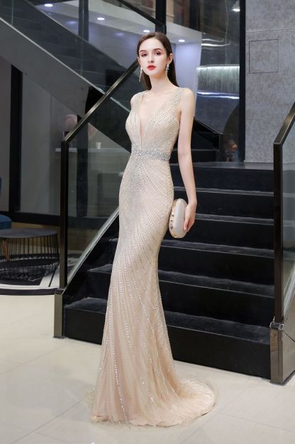 Sexy Mermaid V-neck Silver Mermaid Prom Dress