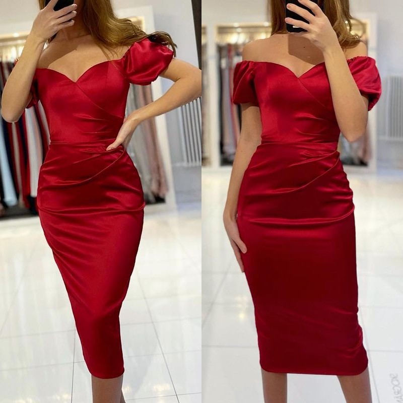 Short Off the shoulder Burgundy Knee length Prom Dresses