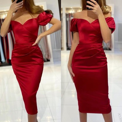 Short Off the shoulder Burgundy Knee length Prom Dresses