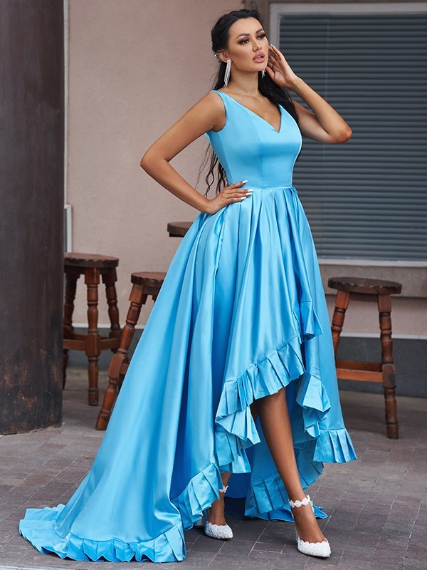 V-neck Sky Blue High low Sleeveless Satin Prom Dresses