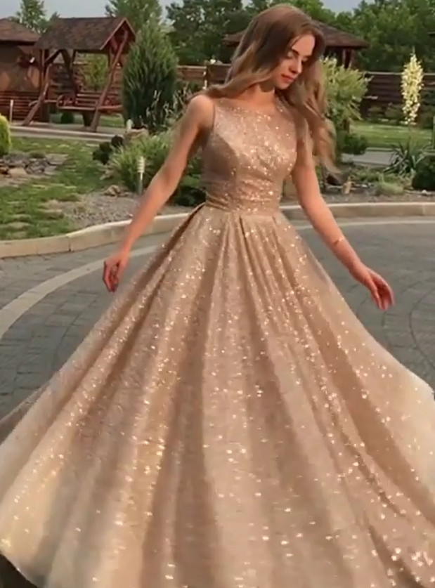 Open Back Champagne Gold Sequins Prom Dresses 2021 | Sleeveless Sexy Evening Gowns BC0562