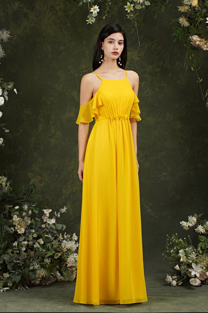 Beautiful Yellow Off-the-Shoulder Ruffles A-Line Chiffon Bridesmaid Dress With Pockets