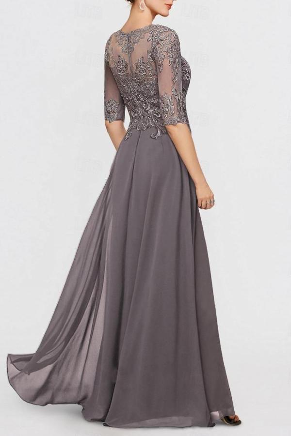 Stylish Bateau Neck Floor Length Chiffon Half Sleeves Jumpsuit with Appliques