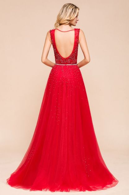 Sexy Open Back Plunging V-neck Sleeveless Ruby Red A-line Prom Dress with Beaded Belt