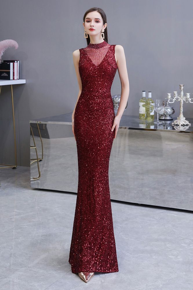 Elegant Illusion neck Burgundy Sleeveless Mermaid Prom Dress