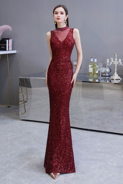 Elegant Illusion neck Burgundy Sleeveless Mermaid Prom Dress
