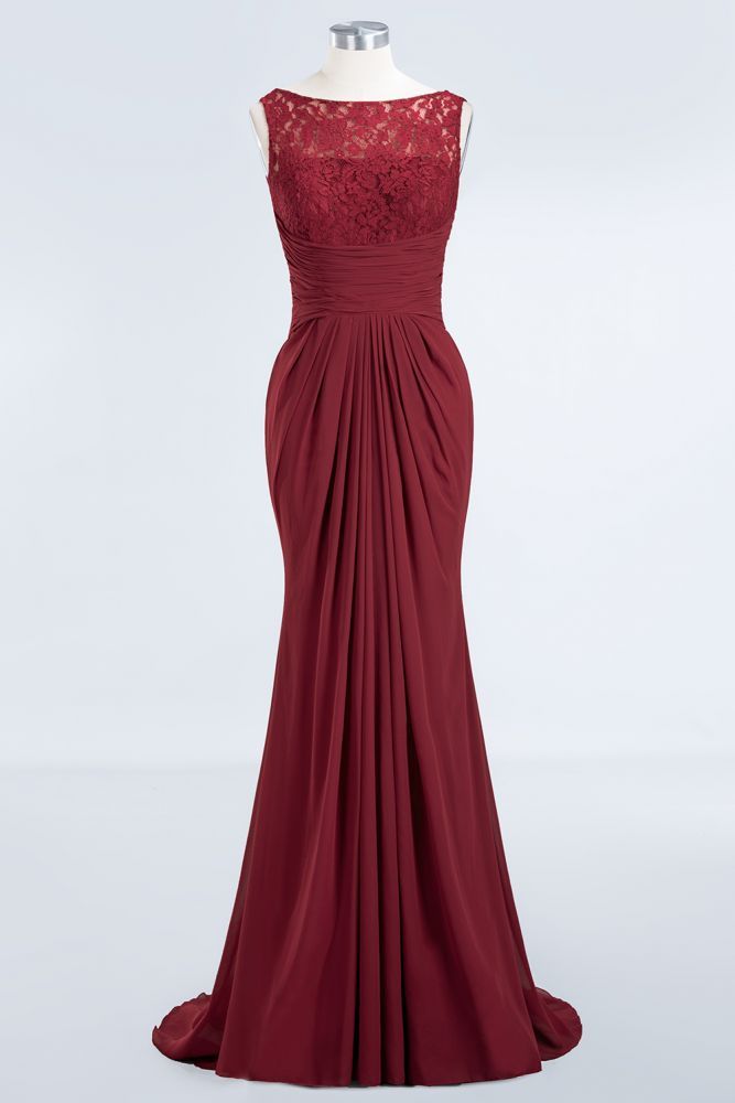 Elegant A-Line Burgundy Chiffon Lace Scoop Sleeveless Ruffles Floor-Length Bridesmaid Dresses