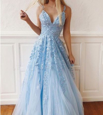 Sky Blue Lace Prom Dresses Deep V Neck A Line Long Party Elegant Floor Length Women Evening Gowns