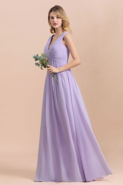 Lilac V-Neck Aline Evening Dress Sleeveless Chiffon Bridesmaid Dress
