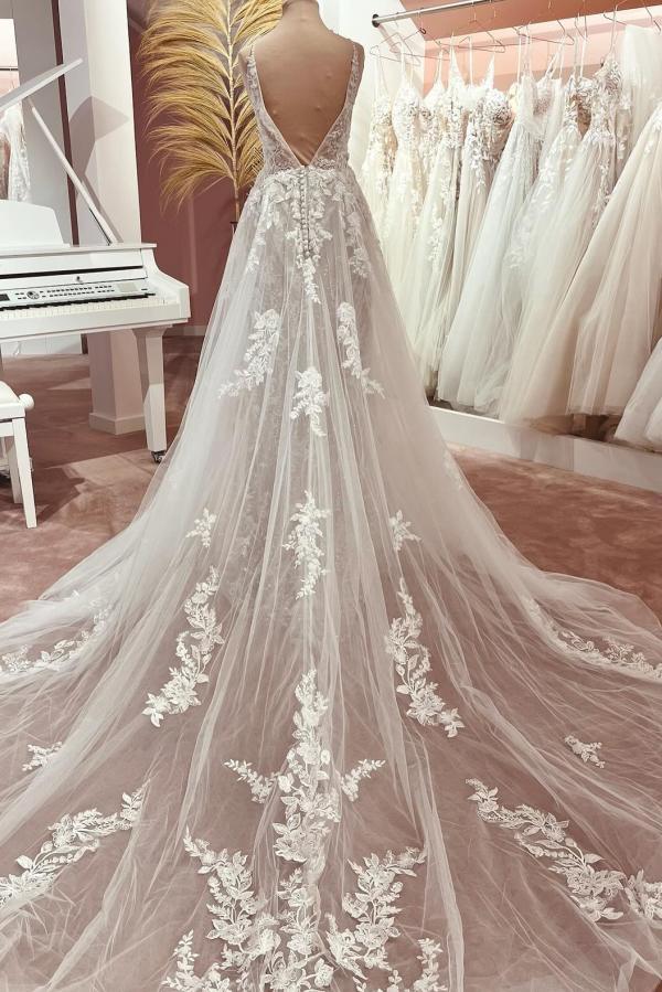 V-neck A-line Lace Sleeveless Wedding Dresses