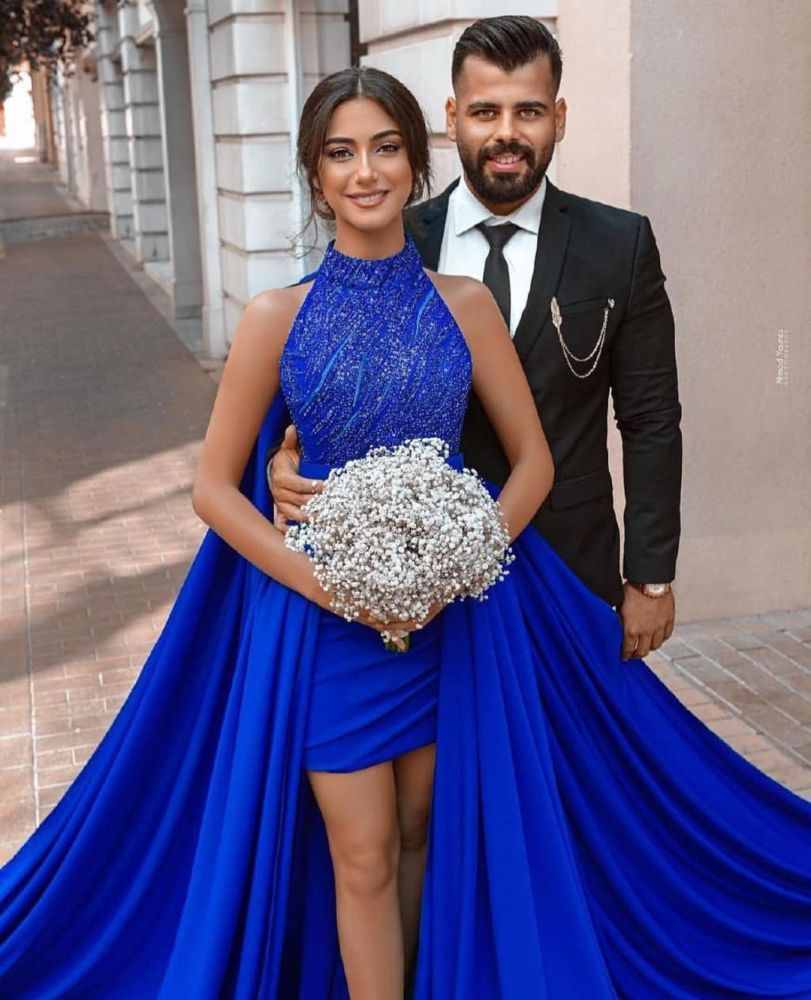 Halter Royal Blue Evening Party Dress Cape with Sweep Train