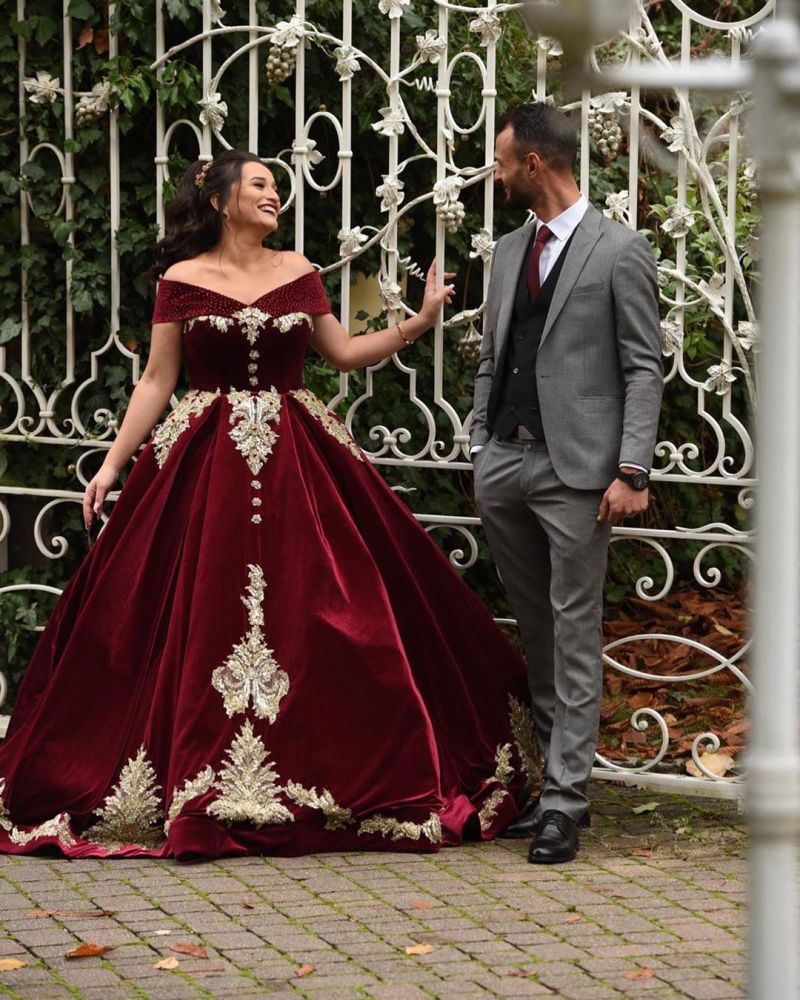 Off-the-shoulder Dark Burgundy Golden appliques Ball Gown Evening Dress