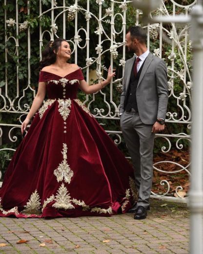 Off-the-shoulder Dark Burgundy Golden appliques Ball Gown Evening Dress