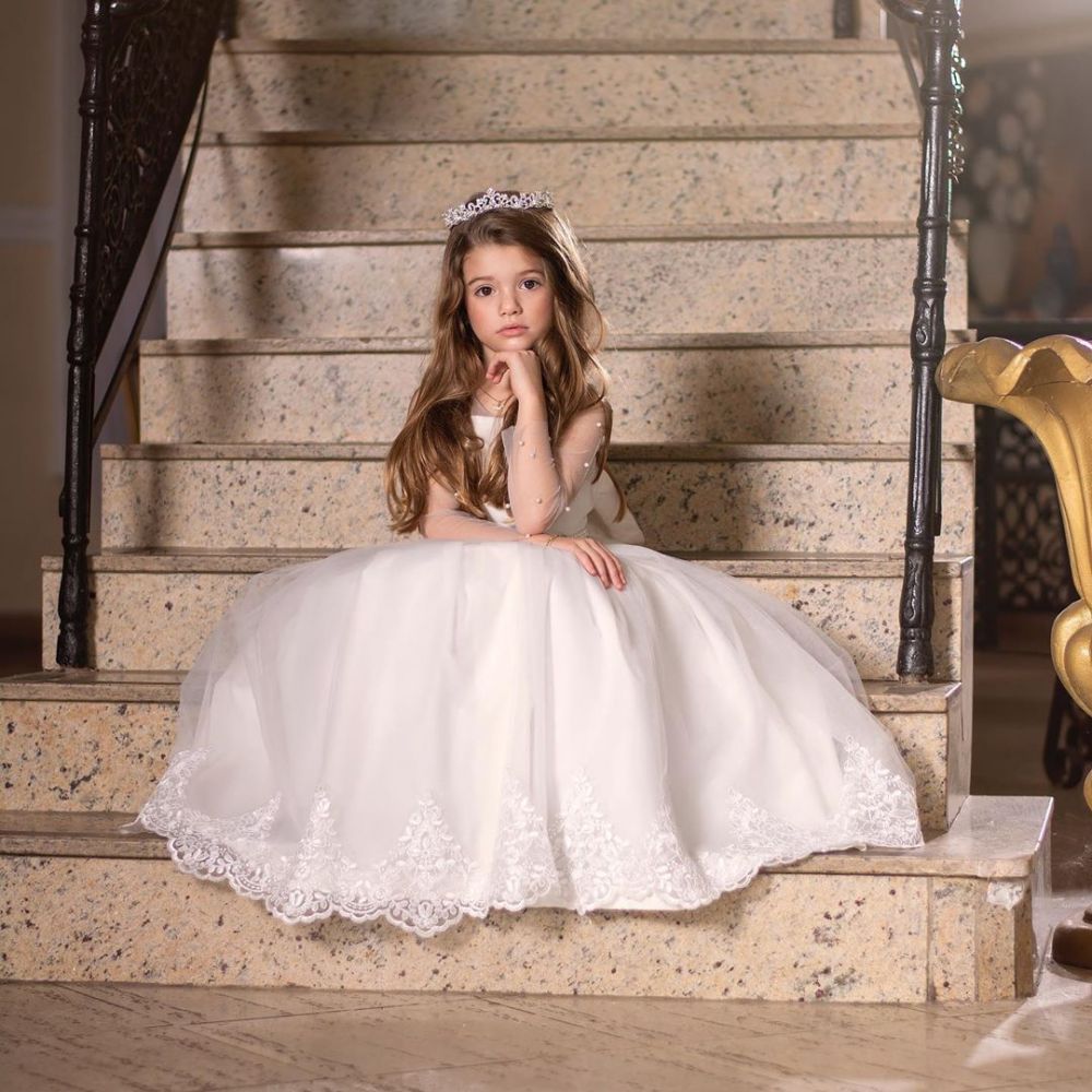 Tulle Long sleeve Puffy Princess lace Appliques Flower girl Dresses