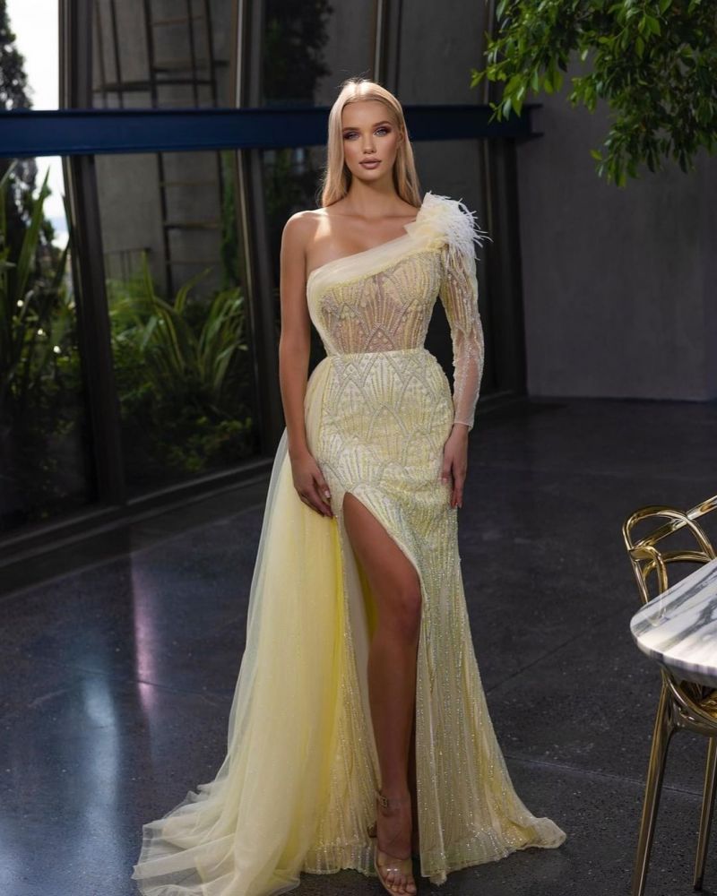 One shoulder Long sleeves High Split Mermaid Prom Dresses