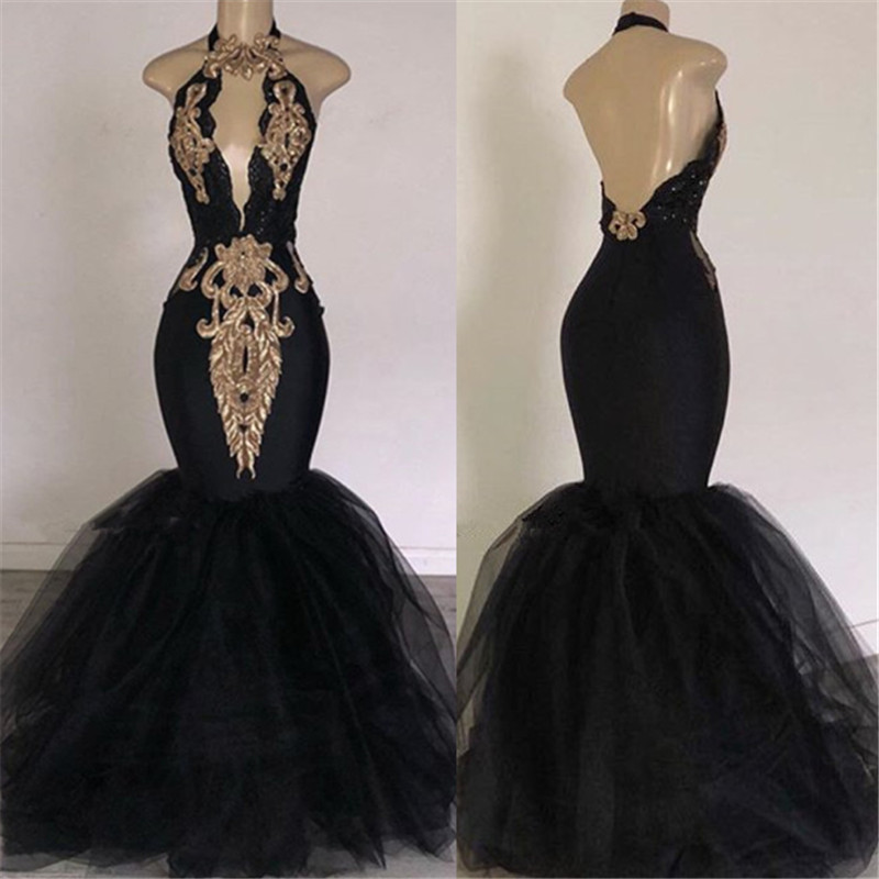 Sexy Backless Prom Dresses with Gold Appliques | Mermaid Halter Evening Gowns with Keyhole