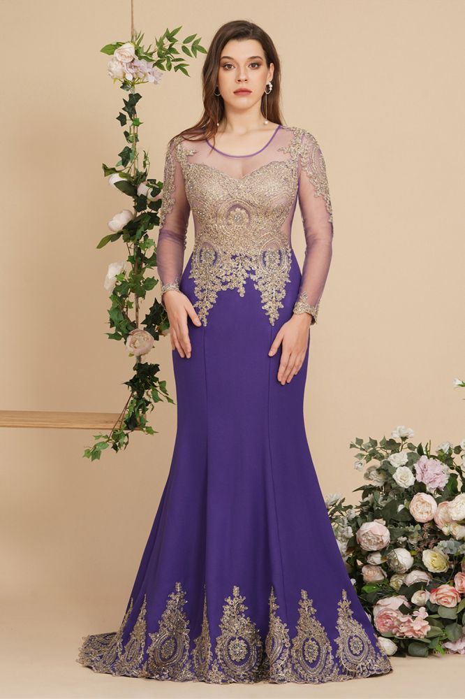 Purple Long sleeve Illusion neck Gold Appliques Evening Dress
