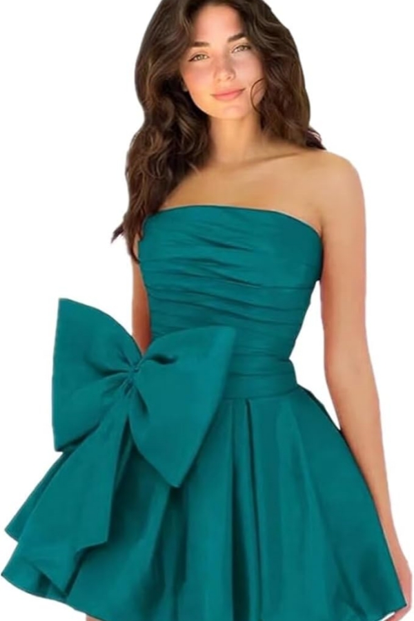 Chic Ruched Satin Short Homecoming Dresses Strapless Knee Length Party Dress with Bow