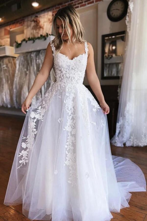 Elegant Off-the-Shoulder White Floral Lace Tulle Wedding Dress