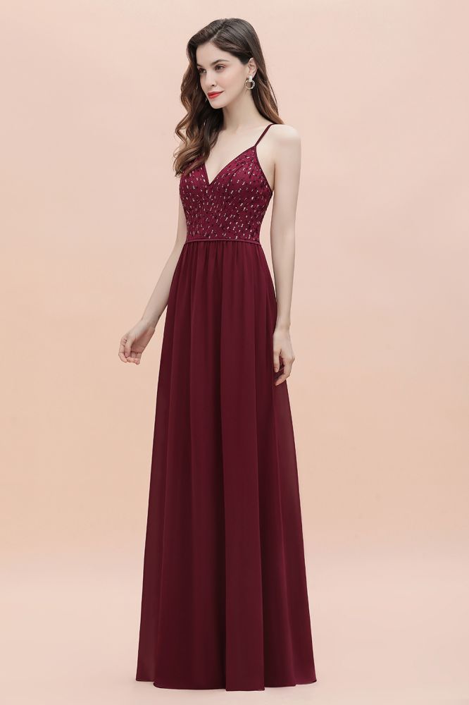 V-Neck Straps A-line Bridesmaid Dress Sequins Evening Dress