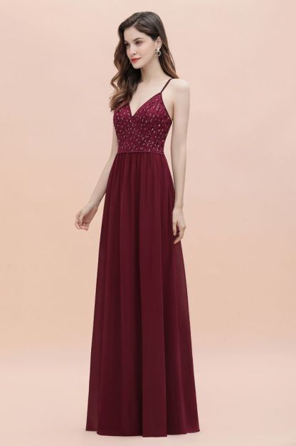 V-Neck Straps A-line Bridesmaid Dress Sequins Evening Dress