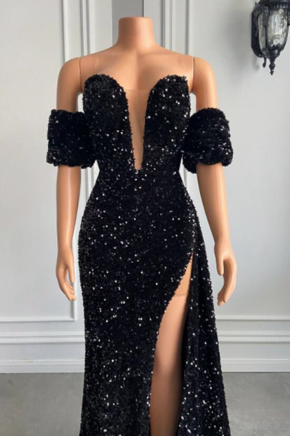 Off the shoulder Black Mermaid High Split Prom Dresses