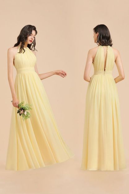 Halter Pleated Chiffon Daffodil Bridesmaid Dress Side Slit Long Wedding Party Dress
