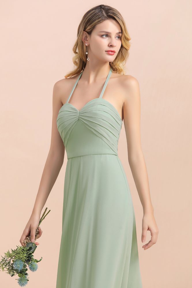 Chic halter Sage Color Aline Bridesmaid Dress Sweetheart Chiffon Long Wedding Guest Dress