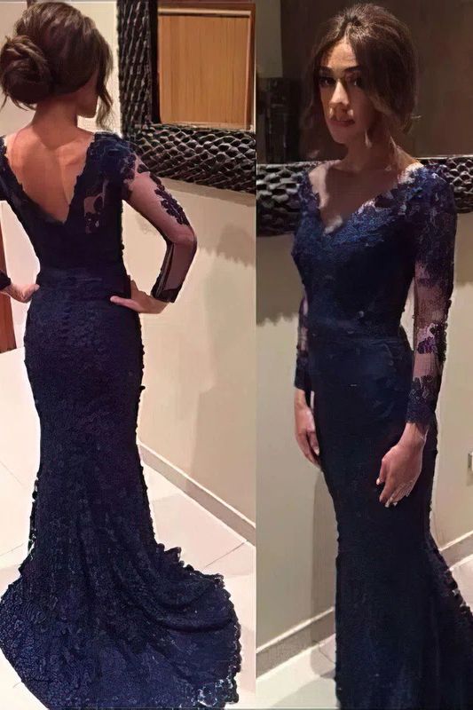 V-neck navy blue long sleeves column prom dress