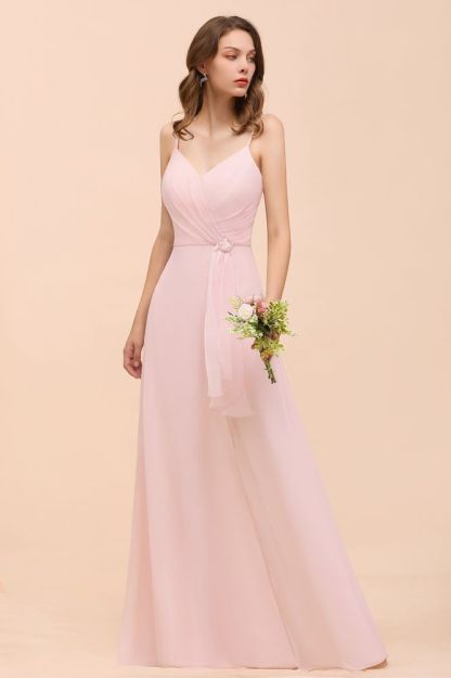Spaghetti Straps Pink Chiffon Wedding Party Dress Sleeveless Long Bridesmaid Dress
