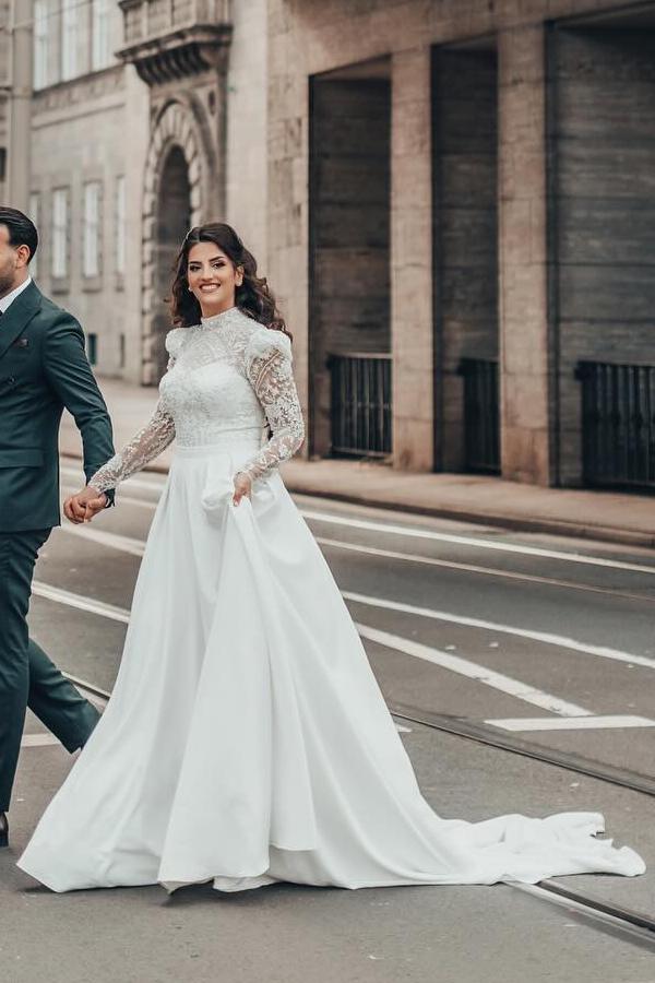 Long Lace Sleeves High neck White Princess Wedding Dresses
