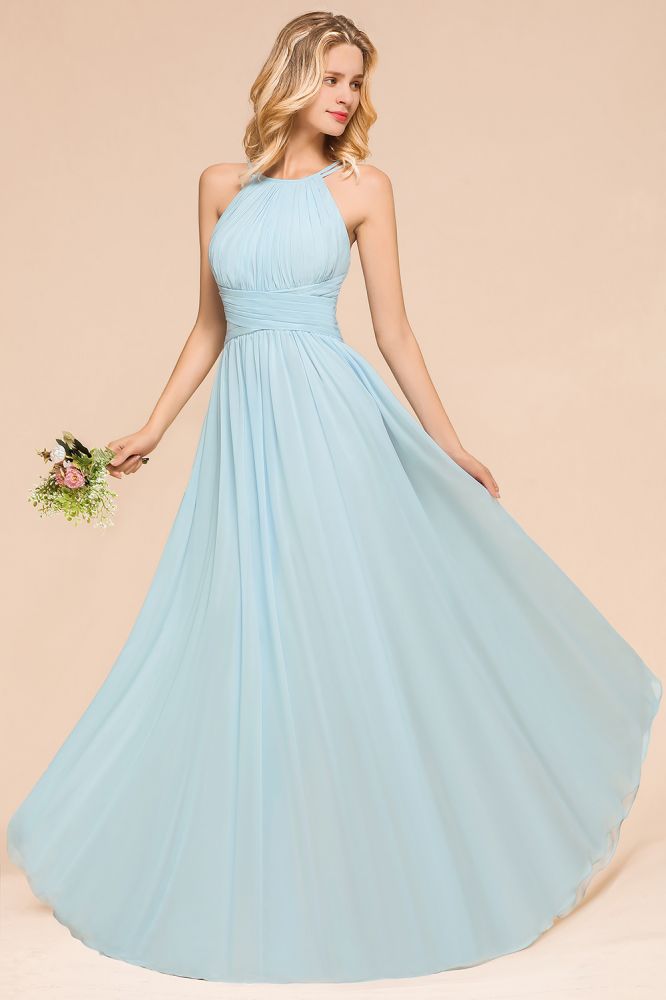 Halter Ruffle Chiffon Long Bridesmaid Dress Sleeveless Formal Dress