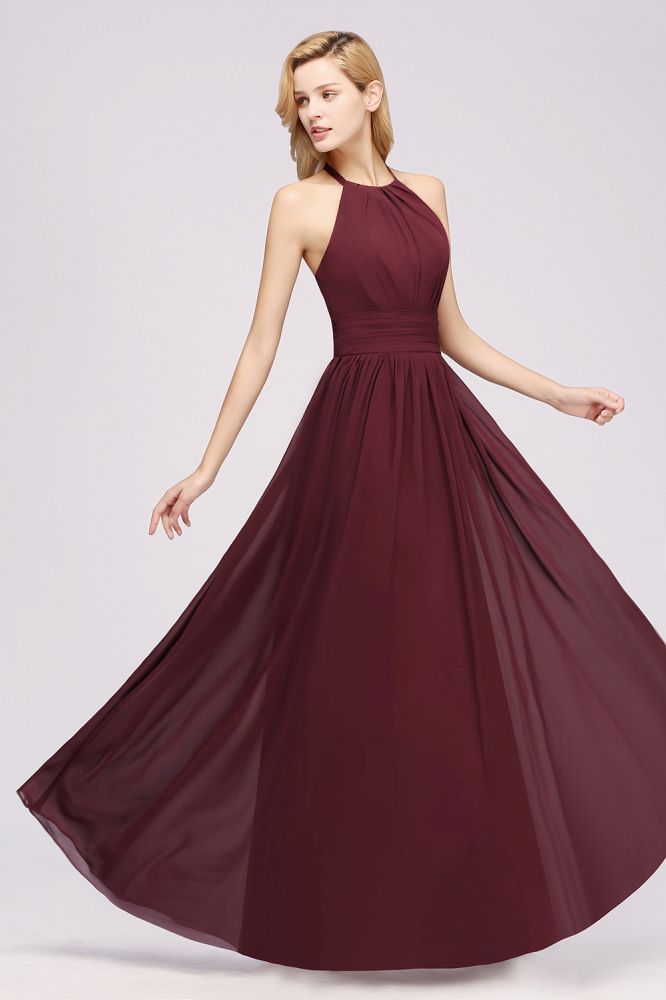 A-line Chiffon Appliques Halter Sleeveless Floor-Length Bridesmaid Dresses with Ruffles