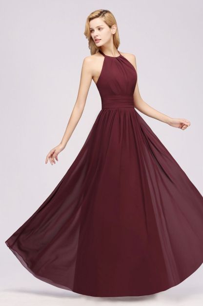 A-line Chiffon Appliques Halter Sleeveless Floor-Length Bridesmaid Dresses with Ruffles