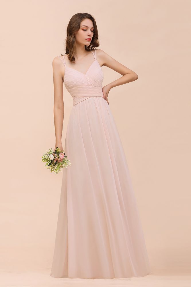 Stylish Pearl Pink V-Neck Bridesmaid Dress Chiffon Aline Evening Maxi Dress